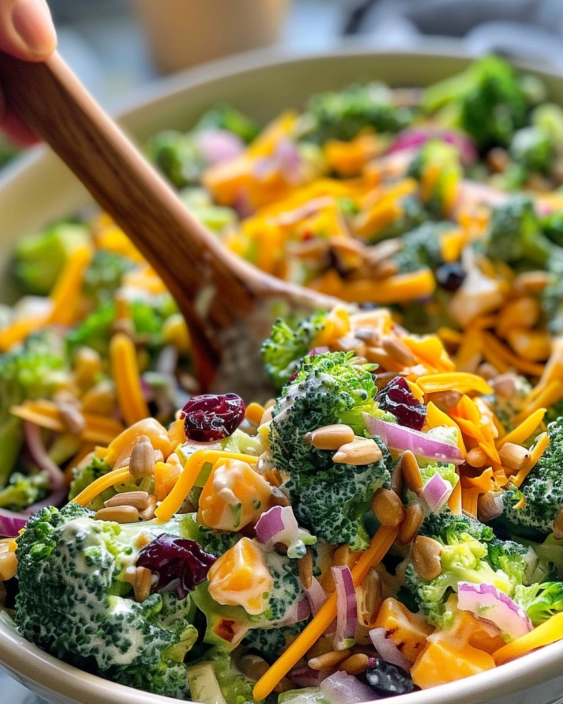 Creamy broccoli cheddar salad being mixed with cranberries and sunflower seeds in a large bowl