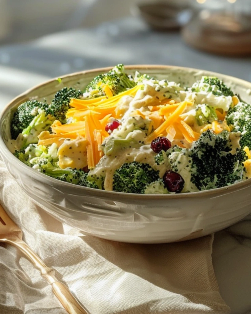 Serving bowl of creamy broccoli cheddar salad topped with cheddar and cranberries