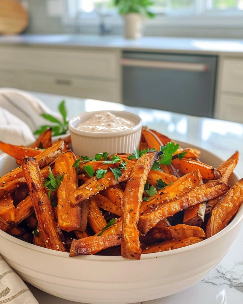 Crispy oven baked sweet potato fries served in a bowl with creamy dip