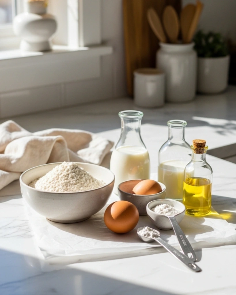 Ingredients for gluten free pancakes including gluten free flour eggs milk and baking powder