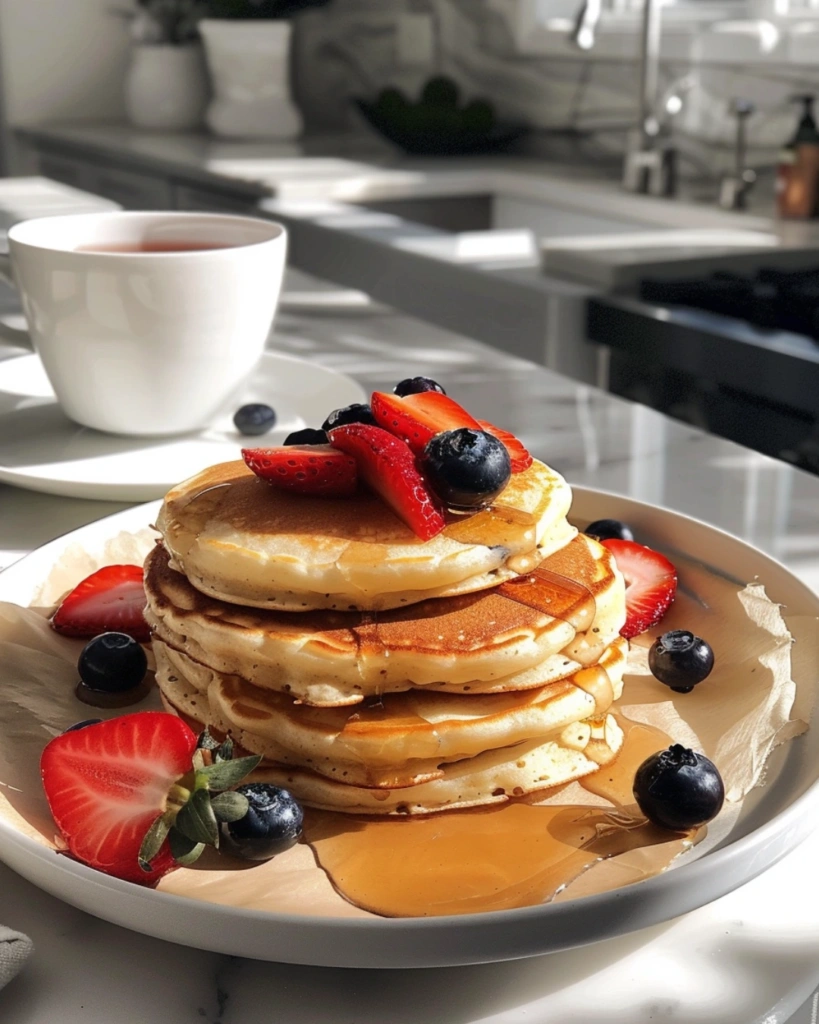 Gluten free pancakes served with berries maple syrup and tea