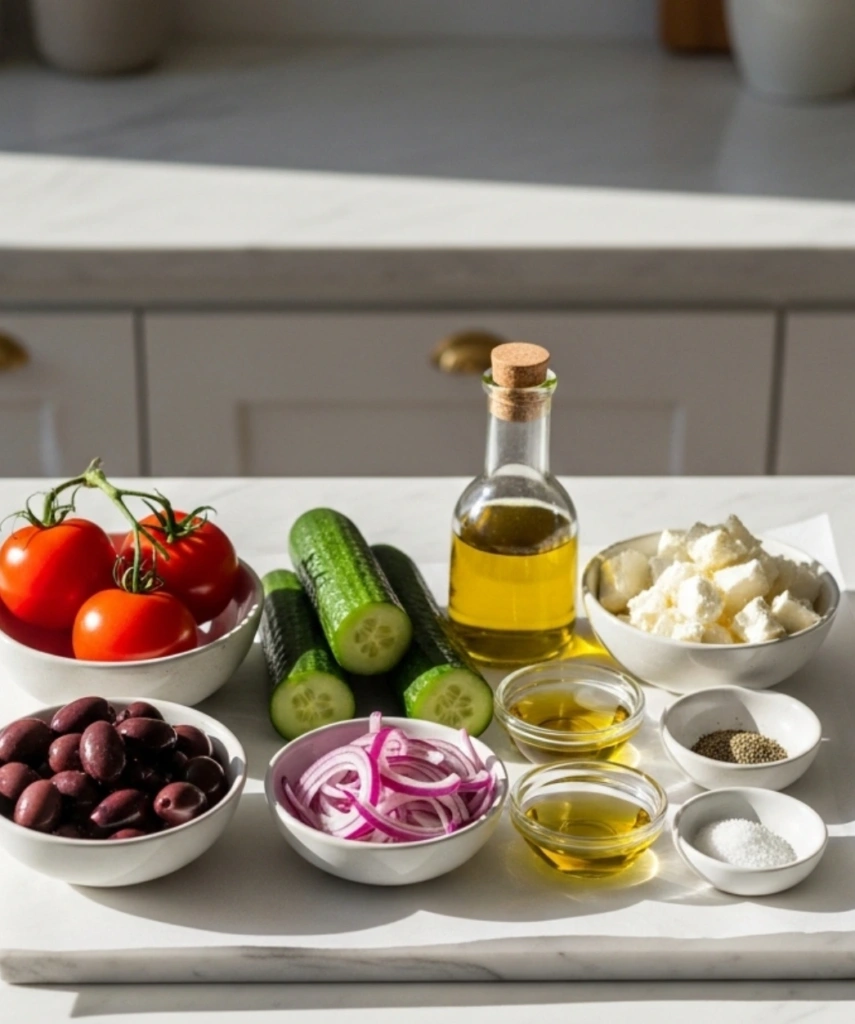 Greek Salad: 5 Irresistible Reasons You’ll Love This Easy Recipe 2 Ingredients for Greek salad including tomatoes cucumber red onion olives feta and olive oil