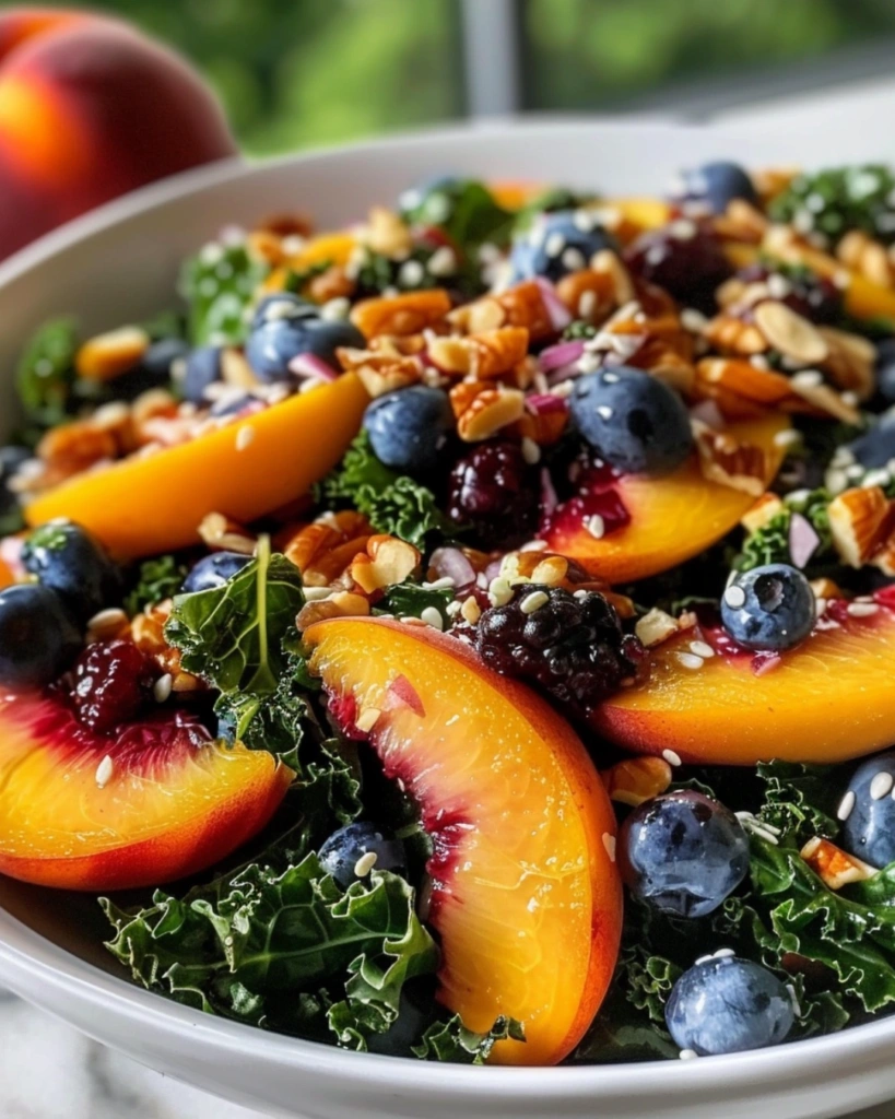 Peach blueberry kale salad served on plate