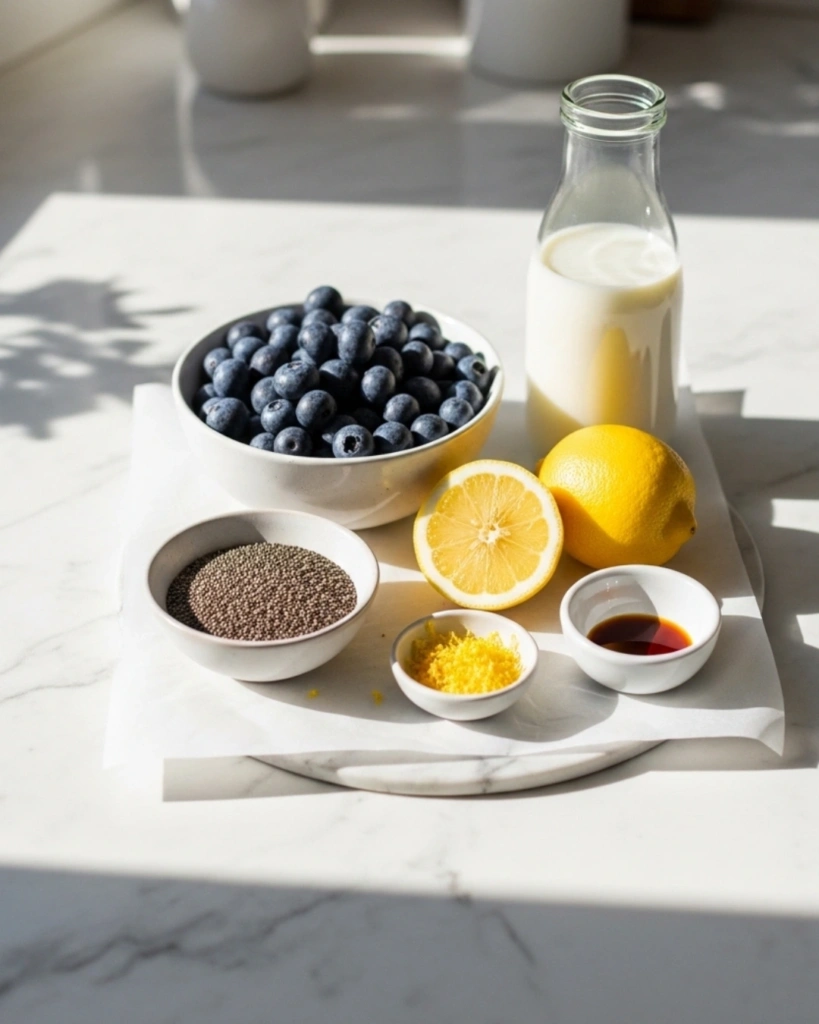 Ingredients for lemon blueberry chia pudding including chia seeds blueberries lemon milk and maple syrup