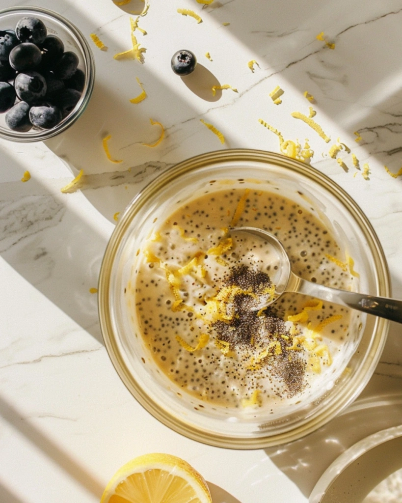 Lemon chia pudding mixture being whisked in a bowl before chilling