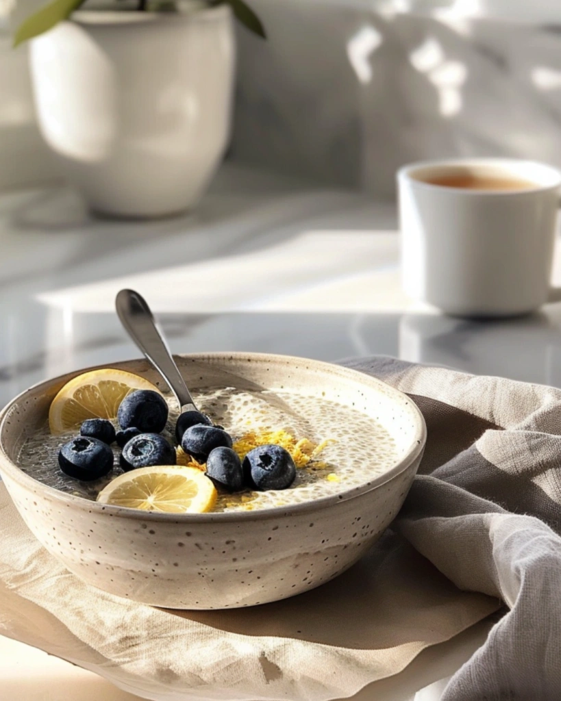 Serving bowl of lemon blueberry chia pudding with fresh berries and lemon zest