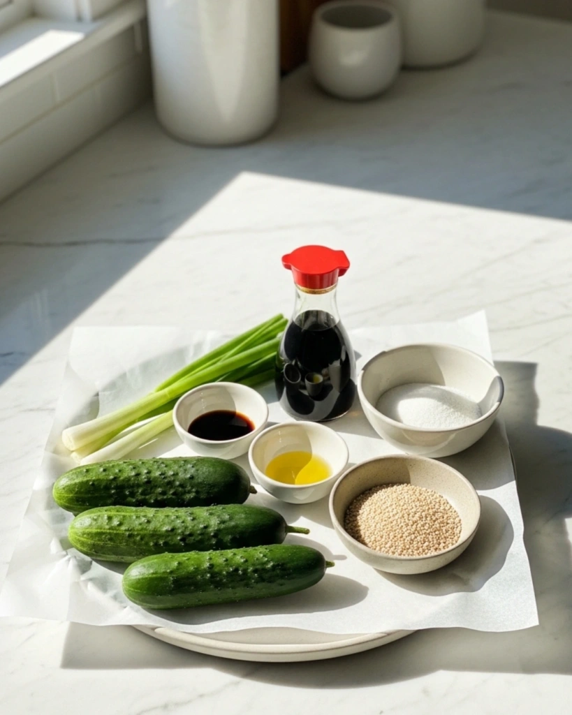 Sesame Cucumber Salad: 5 Powerful Tips for a Fresh and Tangy Bowl 2 Ingredients for sesame cucumber salad including cucumbers green onions soy sauce sesame oil vinegar and sesame seeds
