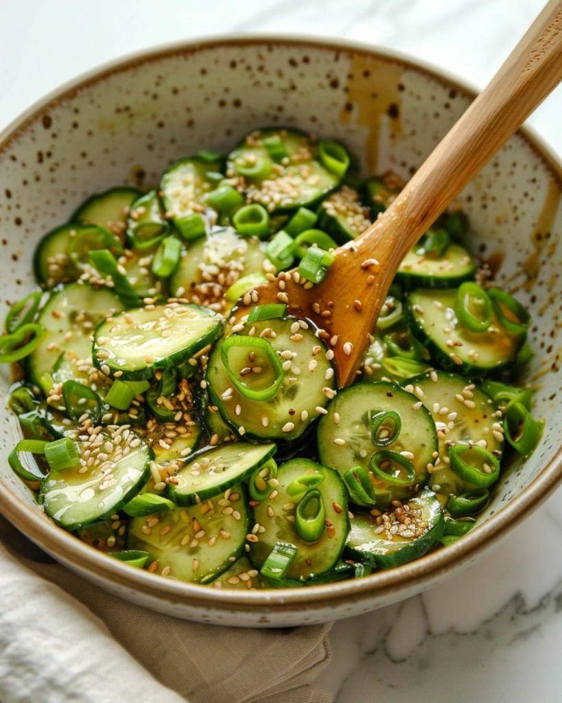 Sesame Cucumber Salad: 5 Powerful Tips for a Fresh and Tangy Bowl 4 Sesame cucumber salad being tossed with dressing and sesame seeds in a bowl