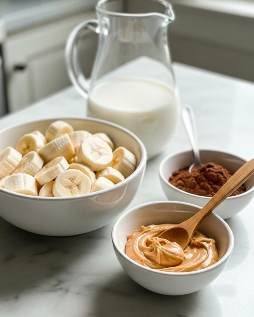 Ingredients for chocolate peanut butter banana smoothie