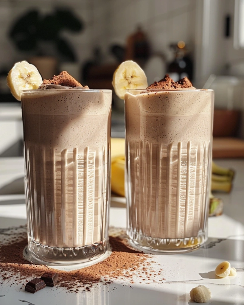 Chocolate peanut butter banana smoothie served in glasses