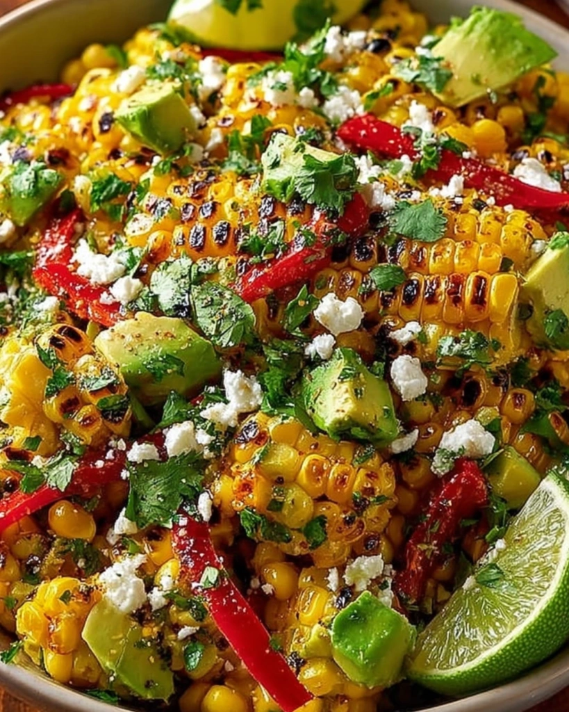 Sweet corn salad served with avocado and feta