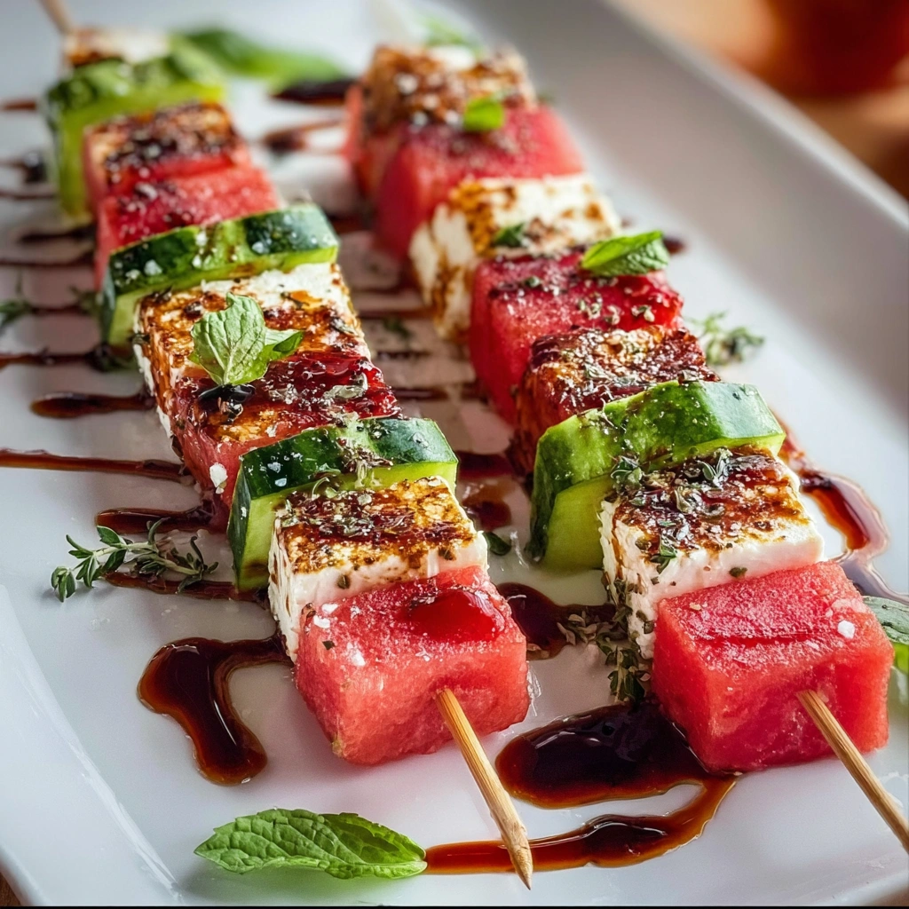 Watermelon Feta Skewers: Easy Summer Appetizer with Mint & Balsamic 2 Delicious watermelon feta skewers served on a platter for serving