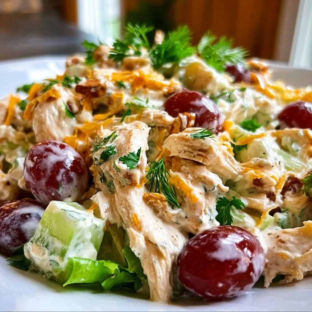 Delicious easy chicken salad served in a bowl with fresh vegetables