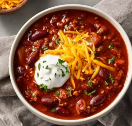 Easy Crockpot Chili served with cheese and sour cream