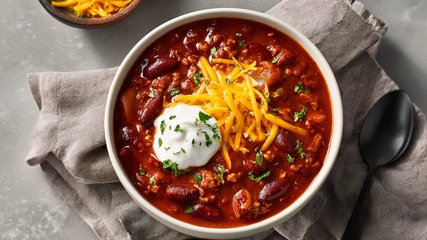 Easy Crockpot Chili served with cheese and sour cream