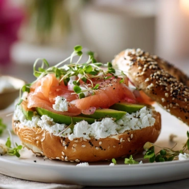 Cottage Cheese Bagels (3-Ingredient Recipe): High-Protein & Easy 5 Cottage cheese protein bagel cut and topped with avocado and smoked salmon on a slate board.