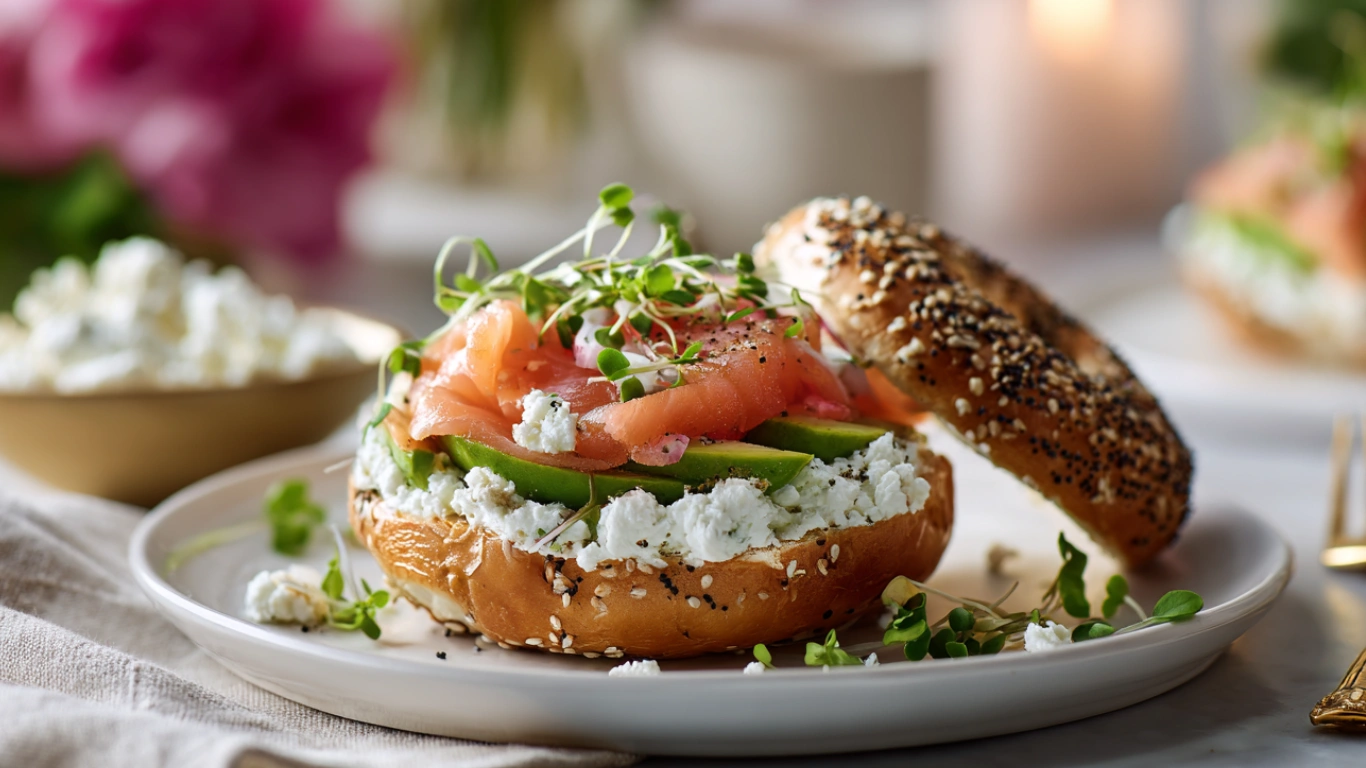Cottage cheese protein bagel cut and topped with avocado and smoked salmon on a slate board.