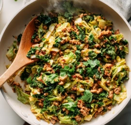 Top-down view of ground turkey and cabbage stir-fry in a white skillet