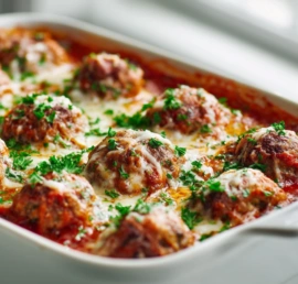 Turkey meatball bake with hidden veggies in a white baking dish, baked in tomato sauce and topped with fresh herbs, healthy family dinner from Caring Recipes