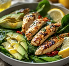 Avocado Spinach Salad with Grilled Chicken served in a modern sunlit bowl