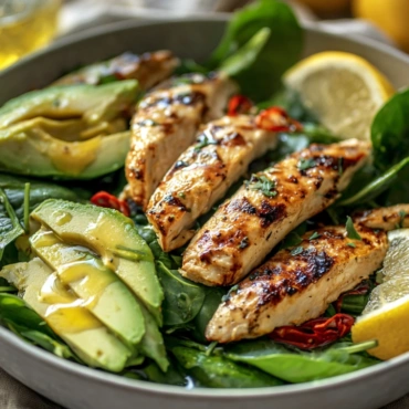 Avocado Spinach Salad with Grilled Chicken served in a modern sunlit bowl
