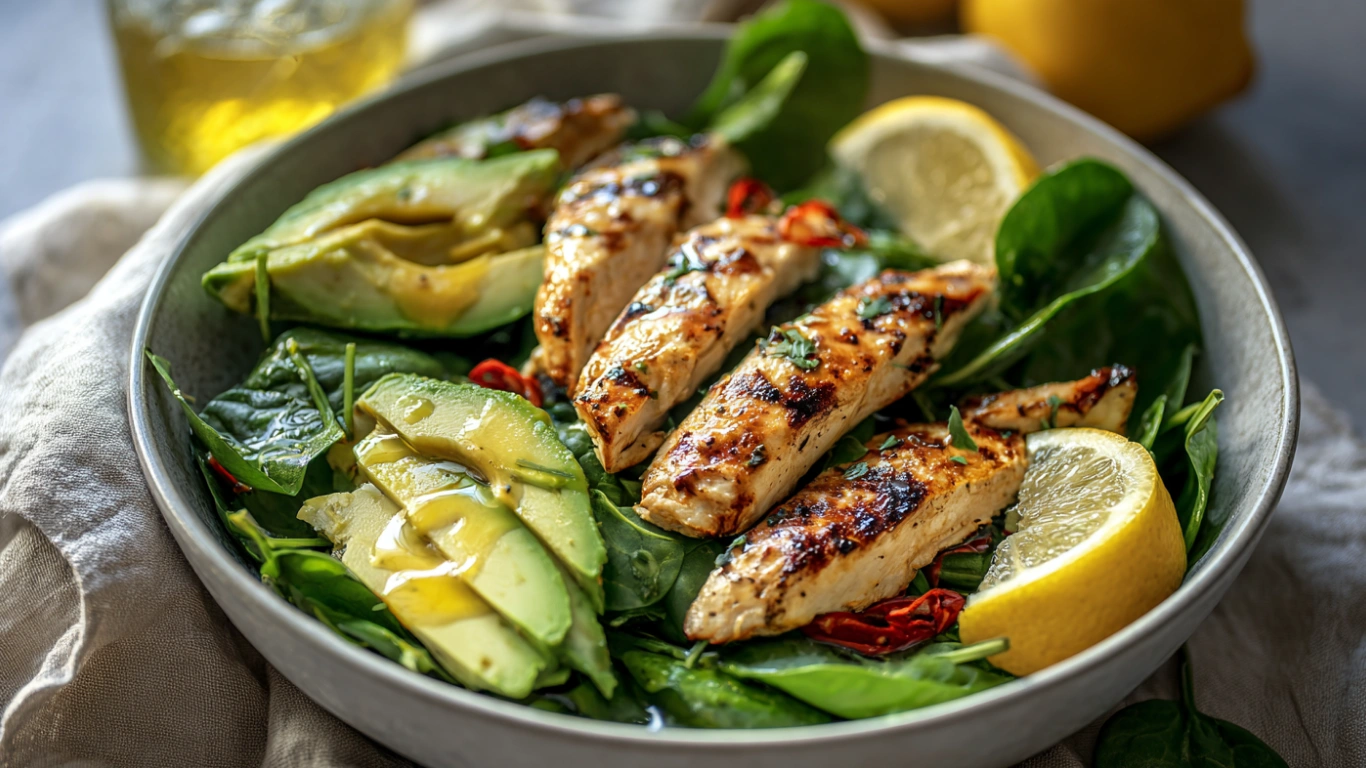 Avocado Spinach Salad with Grilled Chicken served in a modern sunlit bowl