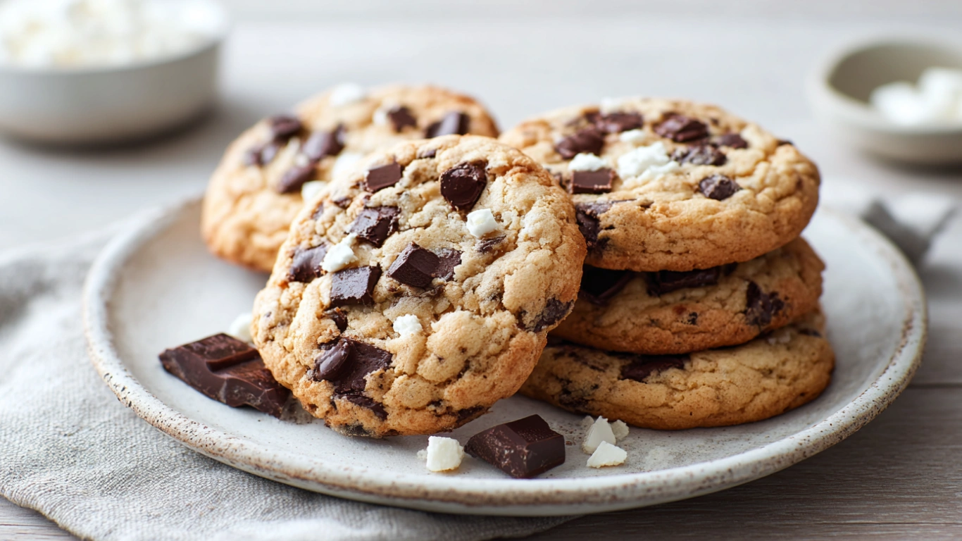 Soft Cottage Cheese Chocolate Cookies stacked on a white plate in a sunlit kitchen setting.