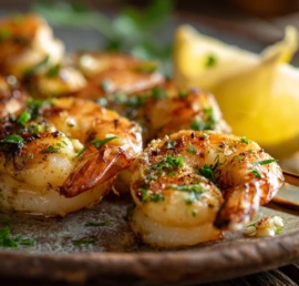 Cowboy Butter Shrimp Skewers sizzling on outdoor grill
