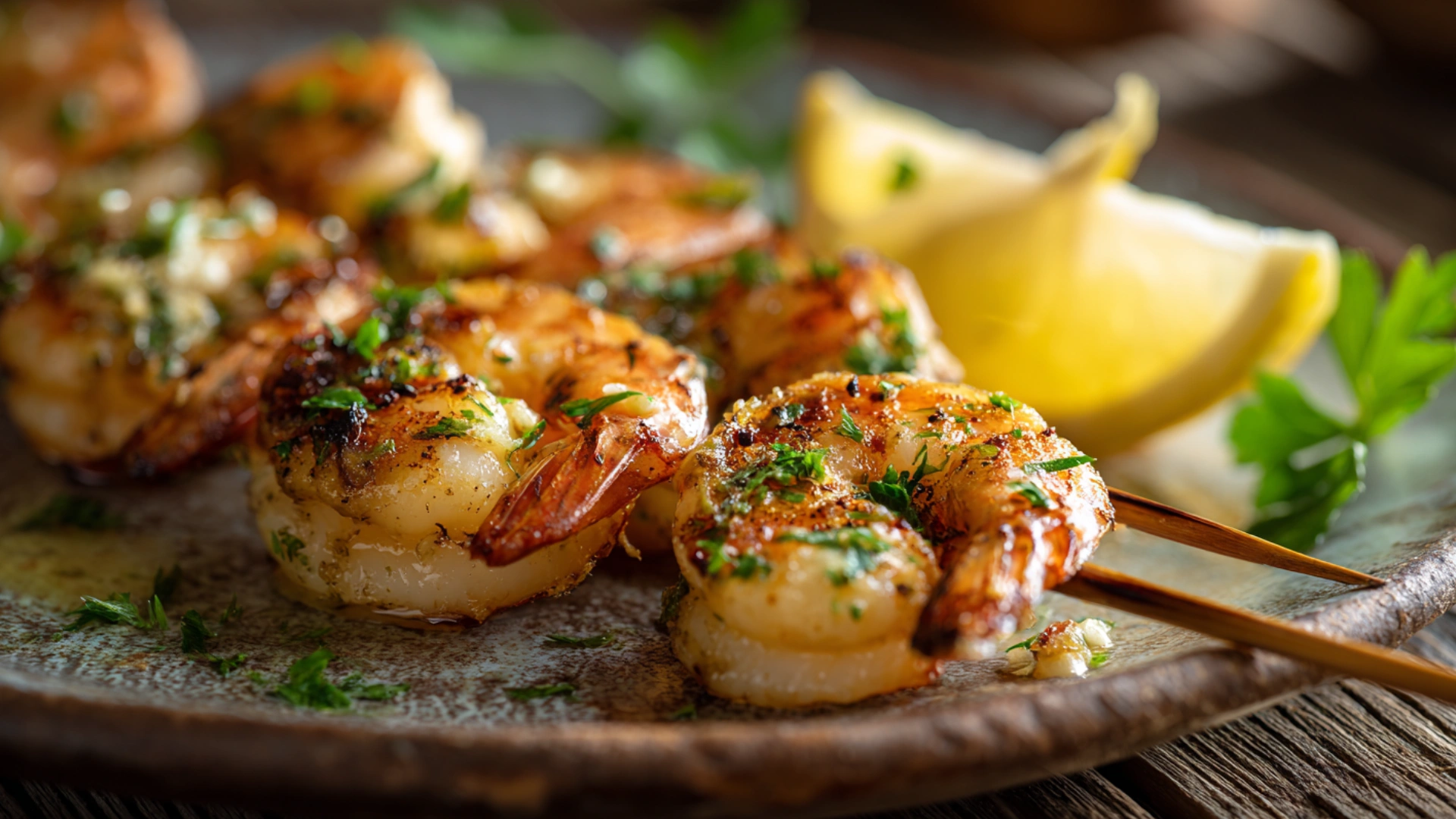 Cowboy Butter Shrimp Skewers sizzling on outdoor grill