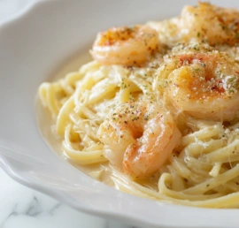 Creamy Shrimp Pasta in a modern ceramic bowl with parsley garnish