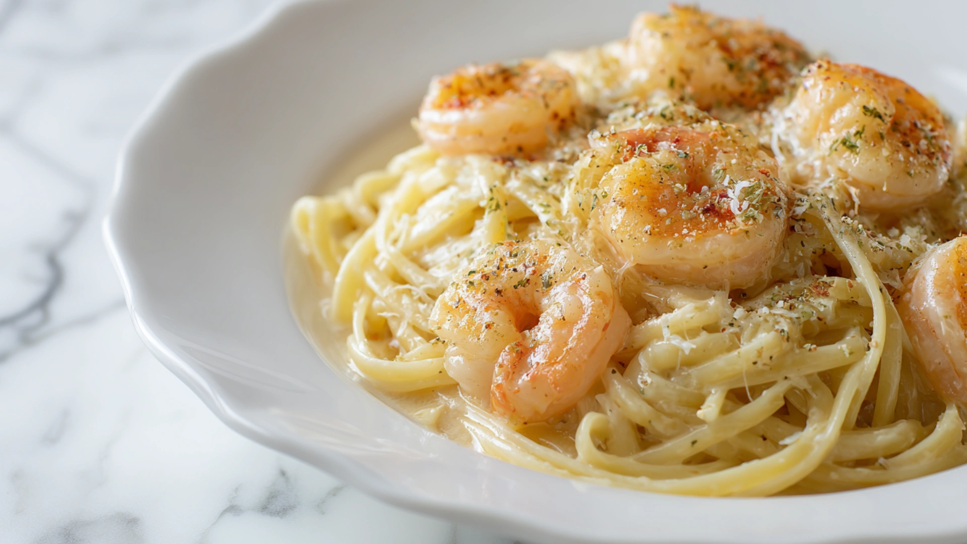 Creamy Shrimp Pasta in a modern ceramic bowl with parsley garnish