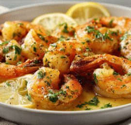 Garlic Butter Shrimp served with lemon and parsley on a modern white plate.
