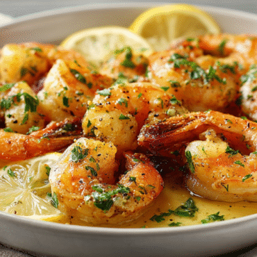 Garlic Butter Shrimp served with lemon and parsley on a modern white plate.