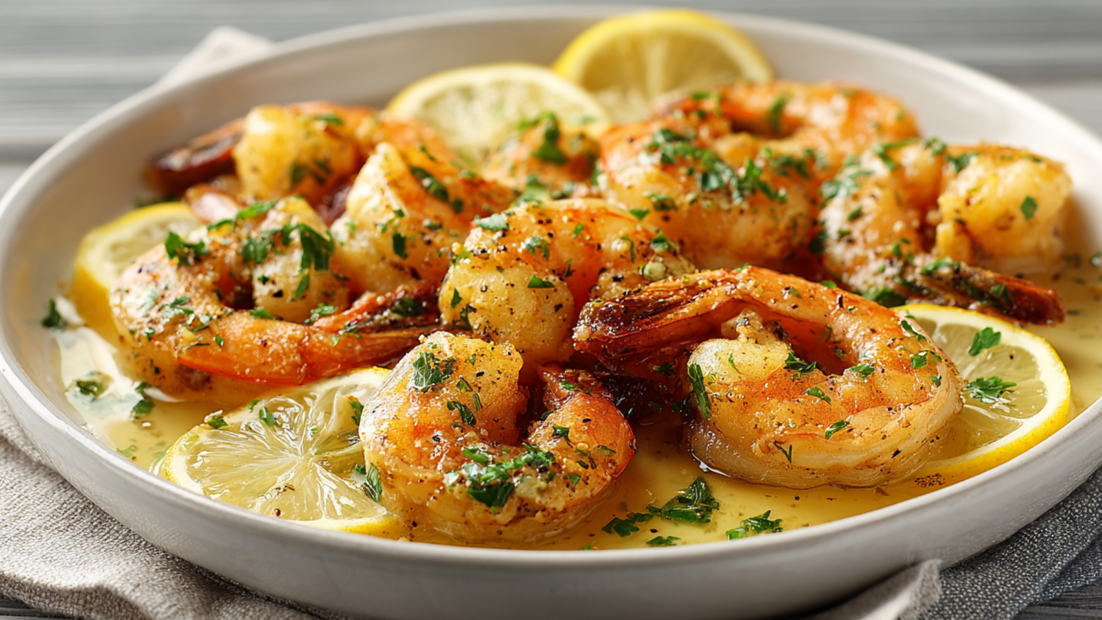 Garlic Butter Shrimp served with lemon and parsley on a modern white plate.