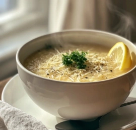 Italian Penicillin Soup on rustic wooden table in cozy morning light