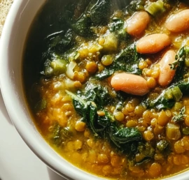 Modern vegan Spinach Lentil Butter Bean Soup in ceramic bowl