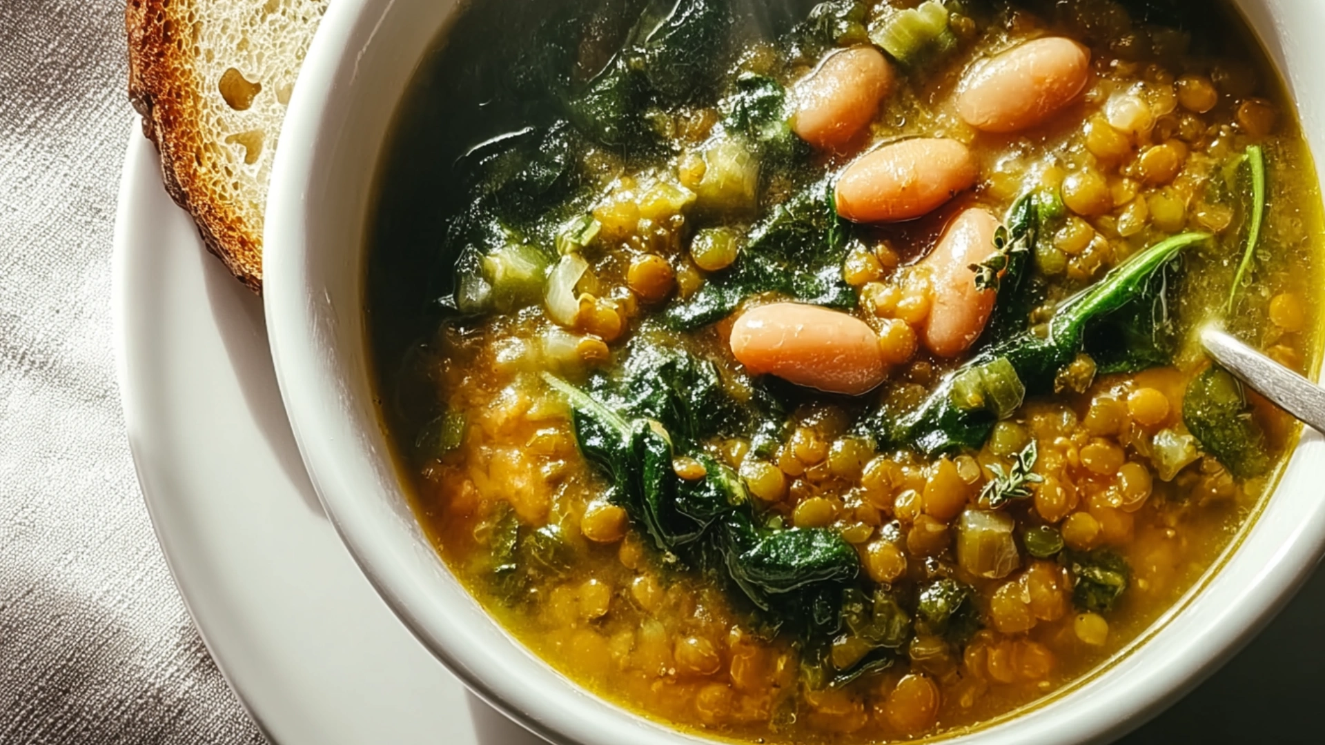 Modern vegan Spinach Lentil Butter Bean Soup in ceramic bowl