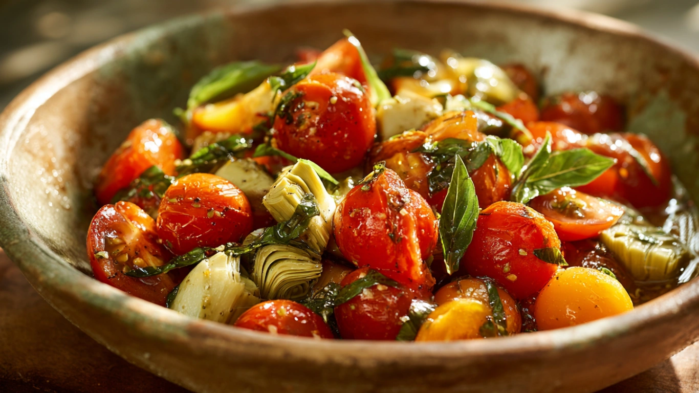 Rustic Tuscan tomato salad served in a white ceramic bowl with fresh basil and chickpeas