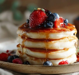 Cottage cheese pancakes cooking in a modern black skillet.