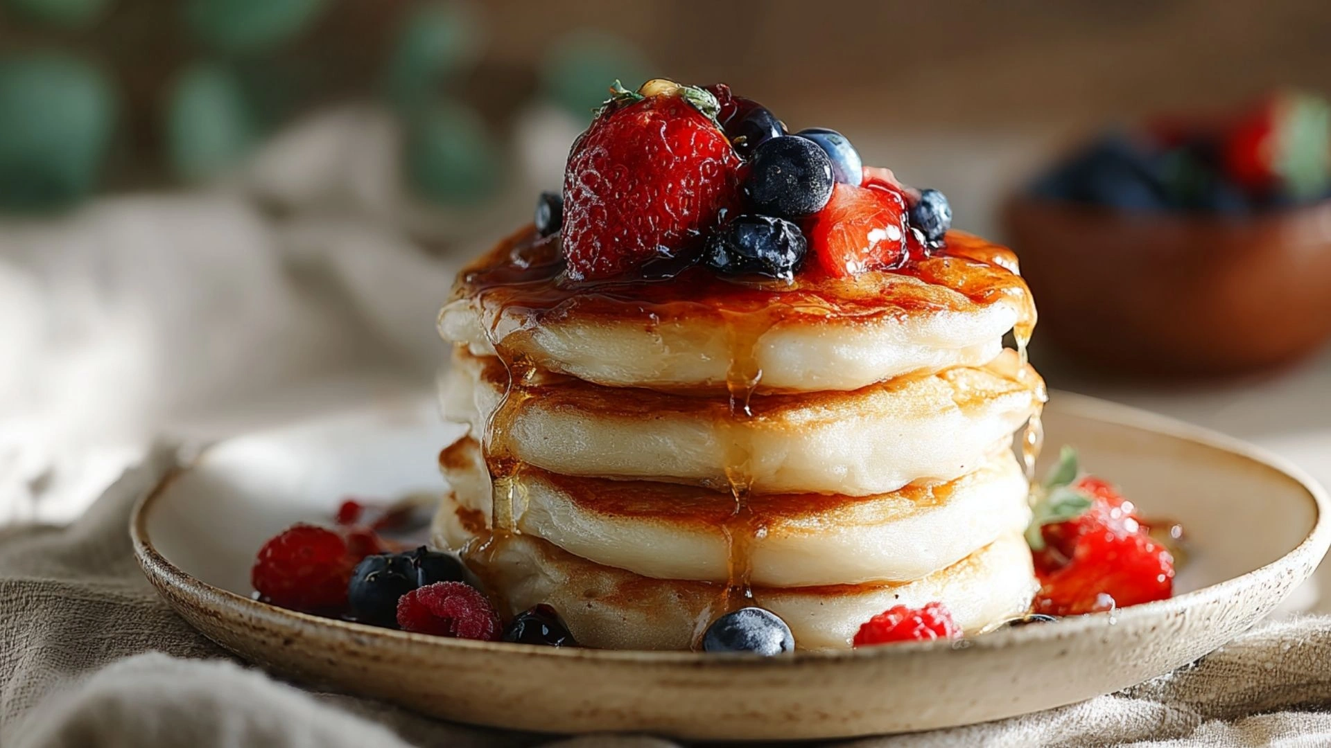 Cottage cheese pancakes cooking in a modern black skillet.