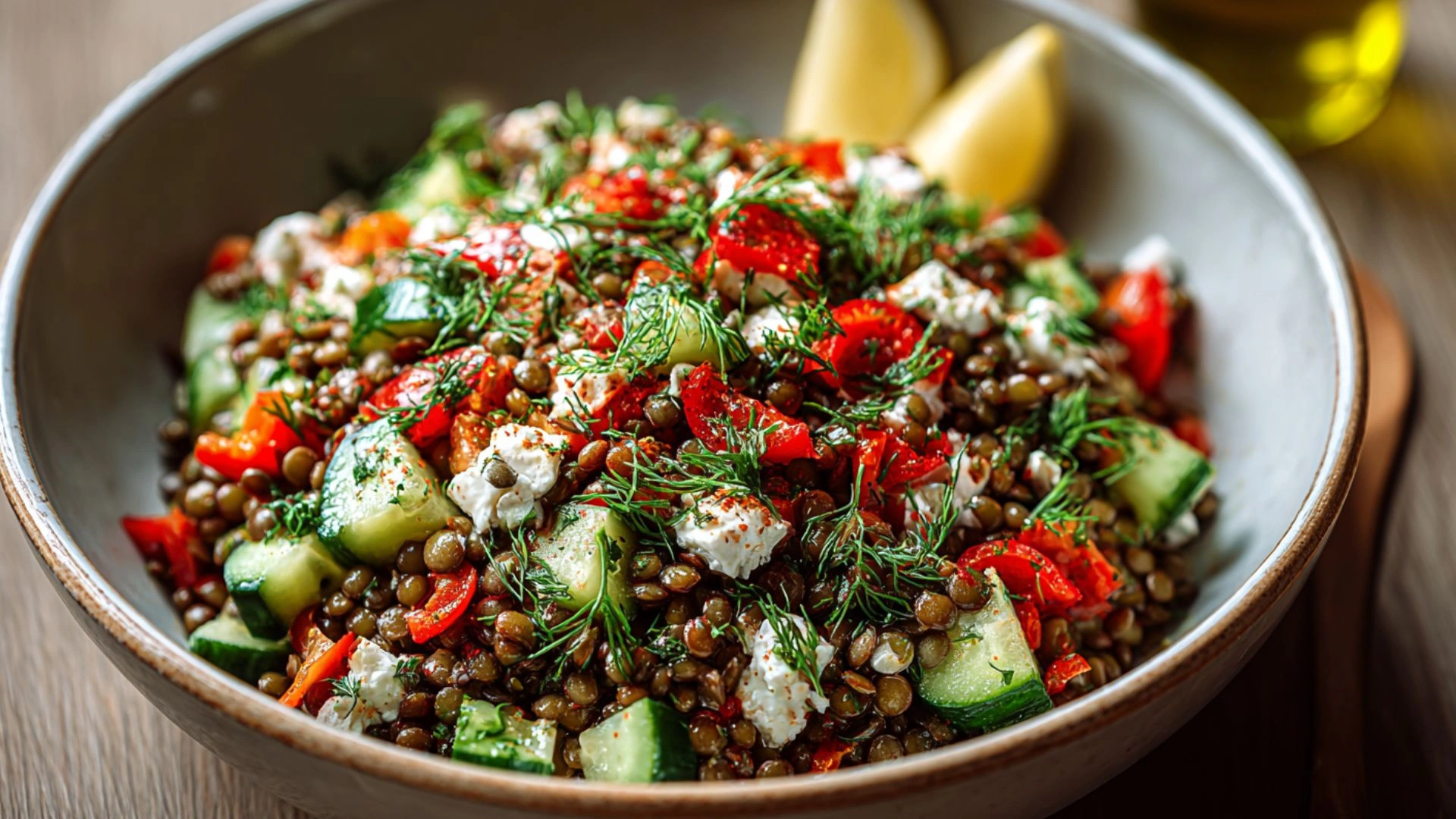 Modern lentil salad with lemon and olive oil