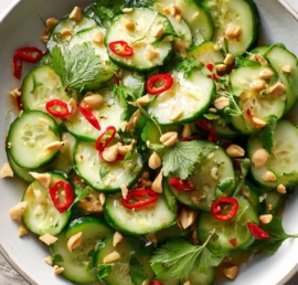 Modern Thai cucumber salad with chili, lime, and peanuts