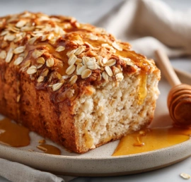 Gluten-free honey oat bread loaf with rolled oats topping and soft interior crumb.