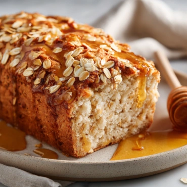 Gluten-free honey oat bread loaf with rolled oats topping and soft interior crumb.