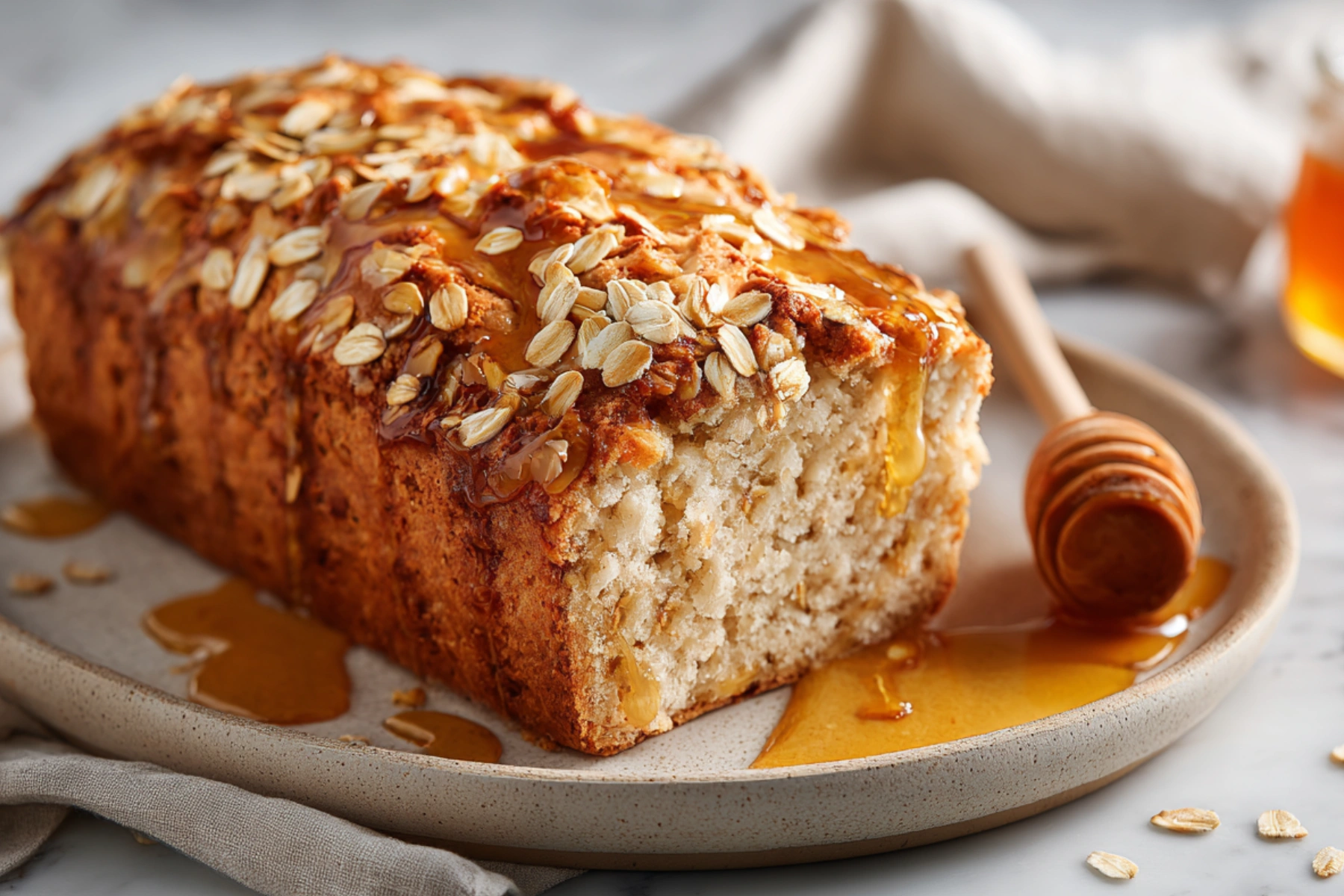Gluten-free honey oat bread loaf with rolled oats topping and soft interior crumb.