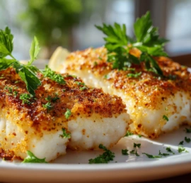 Air fryer fish fillets with lemon and parsley served on a plate