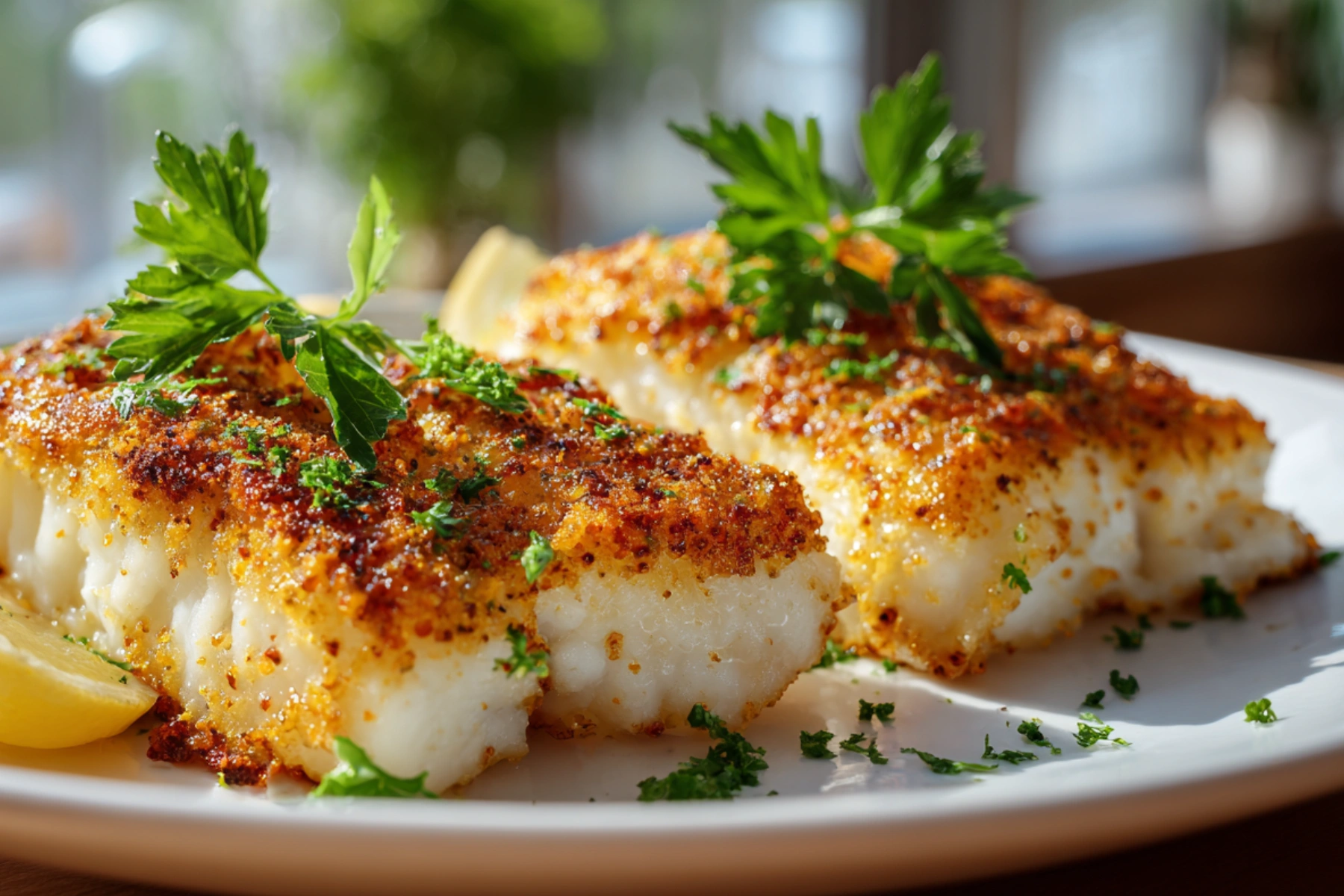 Air fryer fish fillets with lemon and parsley served on a plate