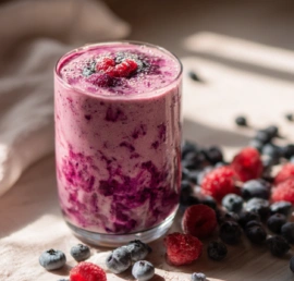 berry cottage cheese smoothie in glass with fresh berries