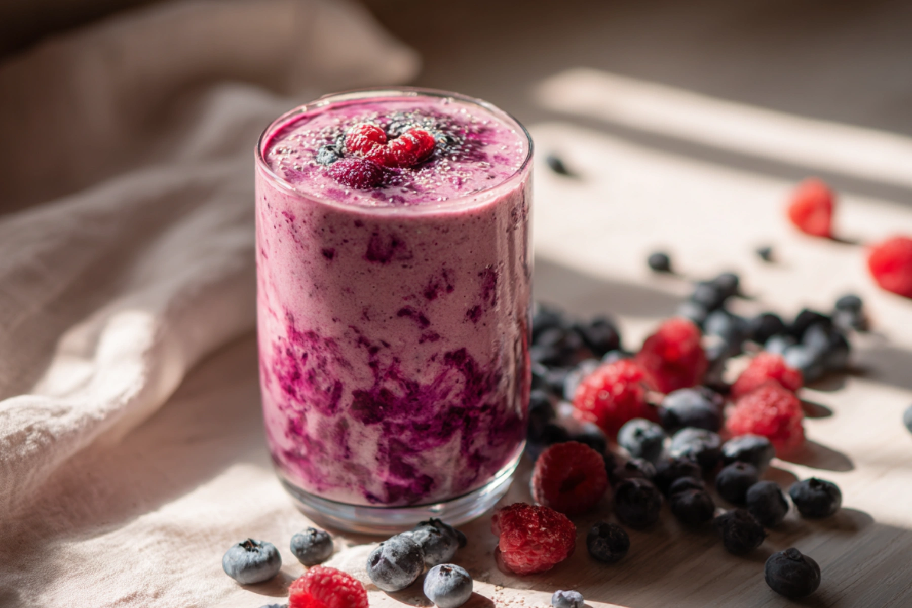 berry cottage cheese smoothie in glass with fresh berries