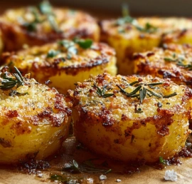 Crispy garlic parmesan potatoes roasted until golden with a cheesy crust and fresh parsley
